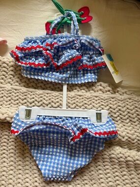Dillards Blue Gingham Ruffle cherry Bikini Set NWT size 12m
